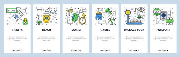 Telas de onboarding do site. Viagens e férias na praia, passaporte, visto, bilhetes. Modelo de banner vetorial de menu para site e desenvolvimento de aplicativos móveis. Design moderno arte linear ilustração plana . — Vetor de Stock