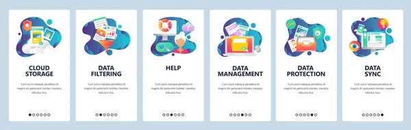 Telas de onboarding do site. Computadores e serviços de internet, armazenamento em nuvem e sincronização de dados. Modelo de banner vetorial de menu para site e desenvolvimento de aplicativos móveis. Design moderno arte linear ilustração plana —  Vetores de Stock