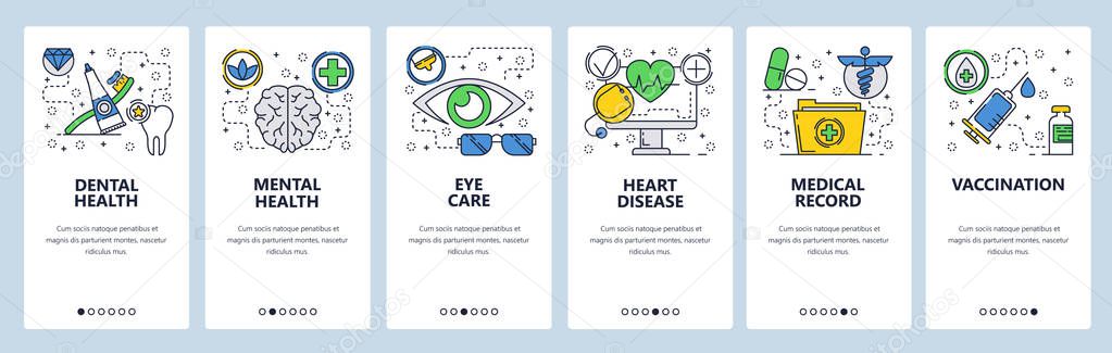 Web site onboarding screens. Medical checkup and body health, vaccination and medical records. Menu vector banner template for website and mobile app development. Modern design linear art flat