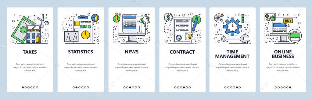 Web site onboarding screens. Online business, taxes, contract and news feed. Menu vector banner template for website and mobile app development. Modern design linear art flat illustration.