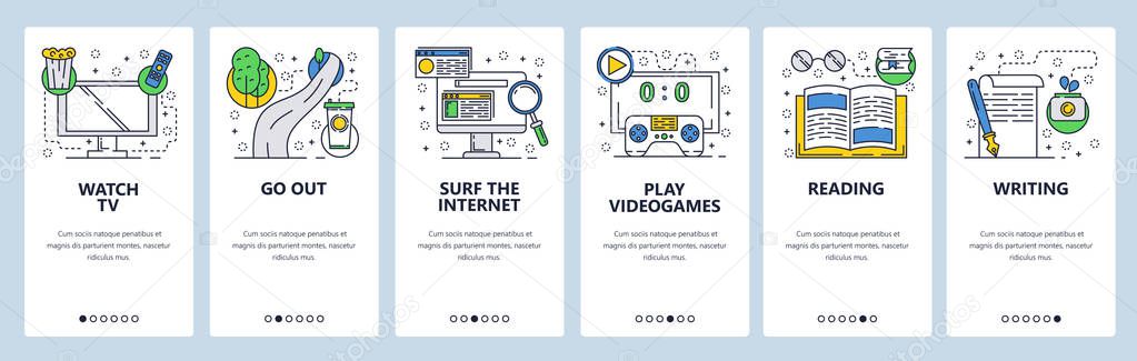 Web site onboarding screens. Leisure time, playing games, reading, watching TV. Menu vector banner template for website and mobile app development. Modern design linear art flat illustration.