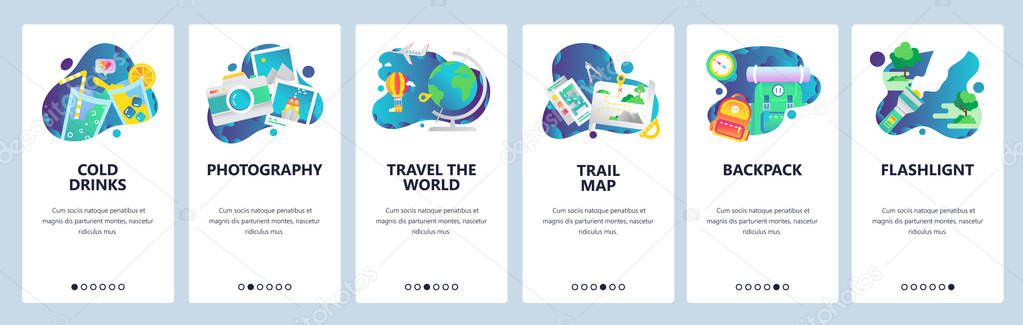 Web site onboarding screens. Holiday travel icons, camping and outdoor hiking, travel the world. Menu vector banner template for website and mobile app development. Modern design linear art flat