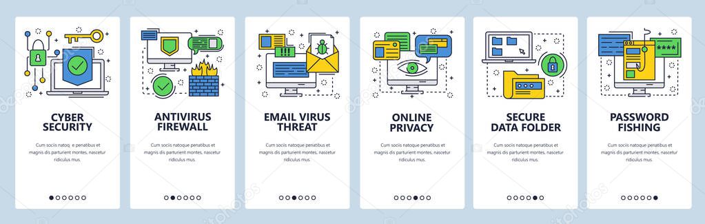 Web site onboarding screens. Cyber security, antivirus and firewall protection, secure access, privacy, password. Menu vector banner template for website and mobile app development. Modern design