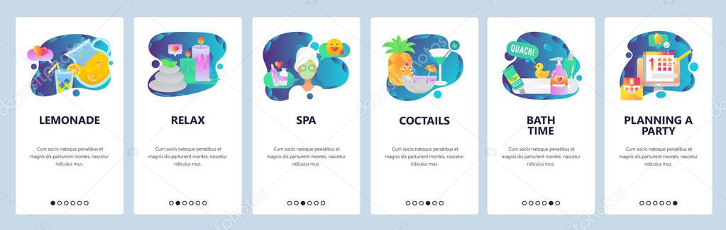 Web site onboarding screens. SPA and wellness center, party and cocktails. Menu vector banner template for website and mobile app development. Modern design linear art flat illustration.