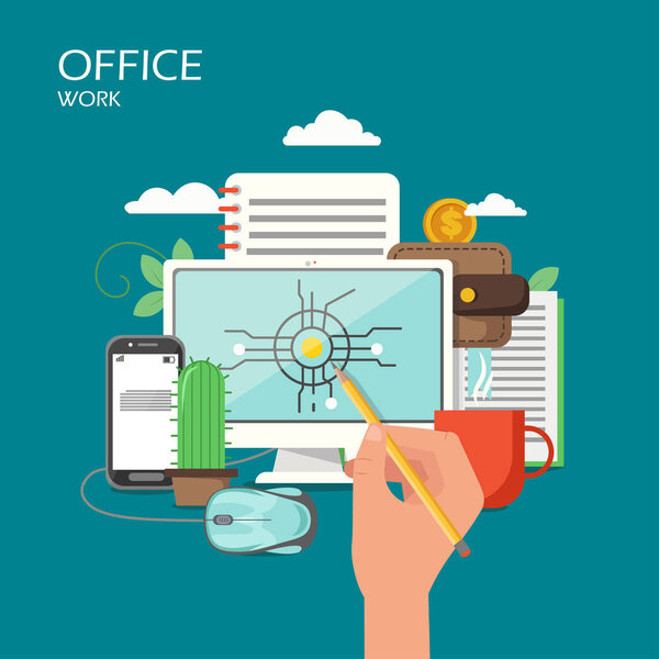 Office work vector flat illustration. Desktop computer, smartphone, mouse, purse with dollar coin, notepad, cactus, cup of tea and hand drawing with pencil on monitor. Office workplace poster, banner.
