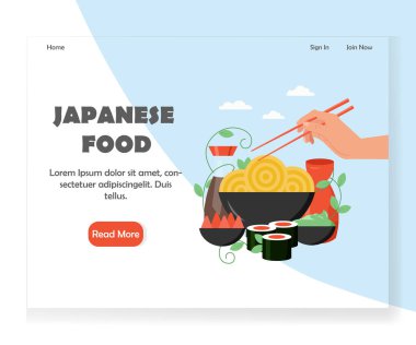 Japon gıda Restoran, sushi bar açılış sayfası şablonu. Vektör düz stil tasarım konsepti Japon mutfağı bilgi web sitesi ve mobil site geliştirme için. Geleneksel erişte, Suşi, soya sosu.