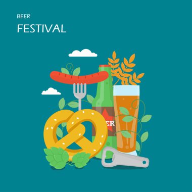 Bira Festivali vektör düz çizim. Şişe açacağı şişe ve bardak bira, simit, buğday kulaklar, atlama, sosis, çatalla. Oktoberfest kutlamaları kavramı için web banner, Web sitesi sayfası vb.