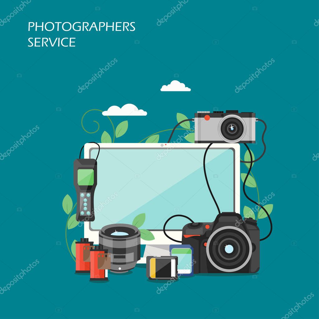 Photographers service vector flat style design illustration. Computer, camera, digital camera, photographic films, memory cards. Professional photography concept for web banner, website page etc.