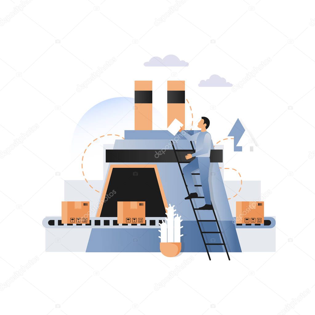 Factory conveyor with cardboard boxes vector illustration