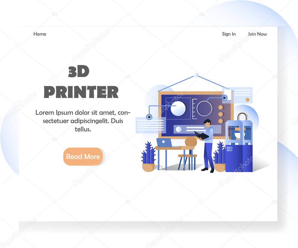 3D printer landing page template. 3D printing process vector illustration. Additive manufacturing, rapid prototyping and future computer technologies concept for website and mobile site development.