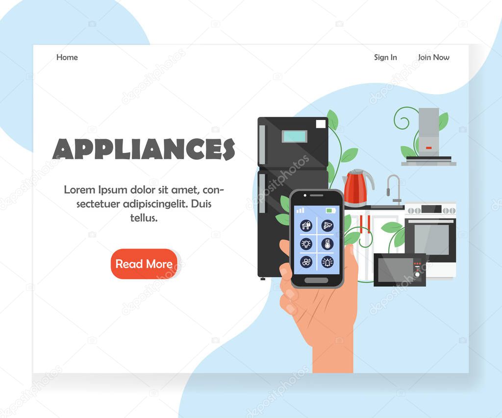 Smart kitchen appliances vector website landing page design template