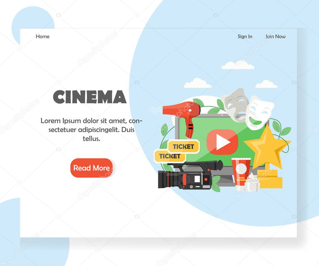 Cinema landing page template. Vector flat style design concept for movie streaming website and mobile site development. Movies and TV shows online.