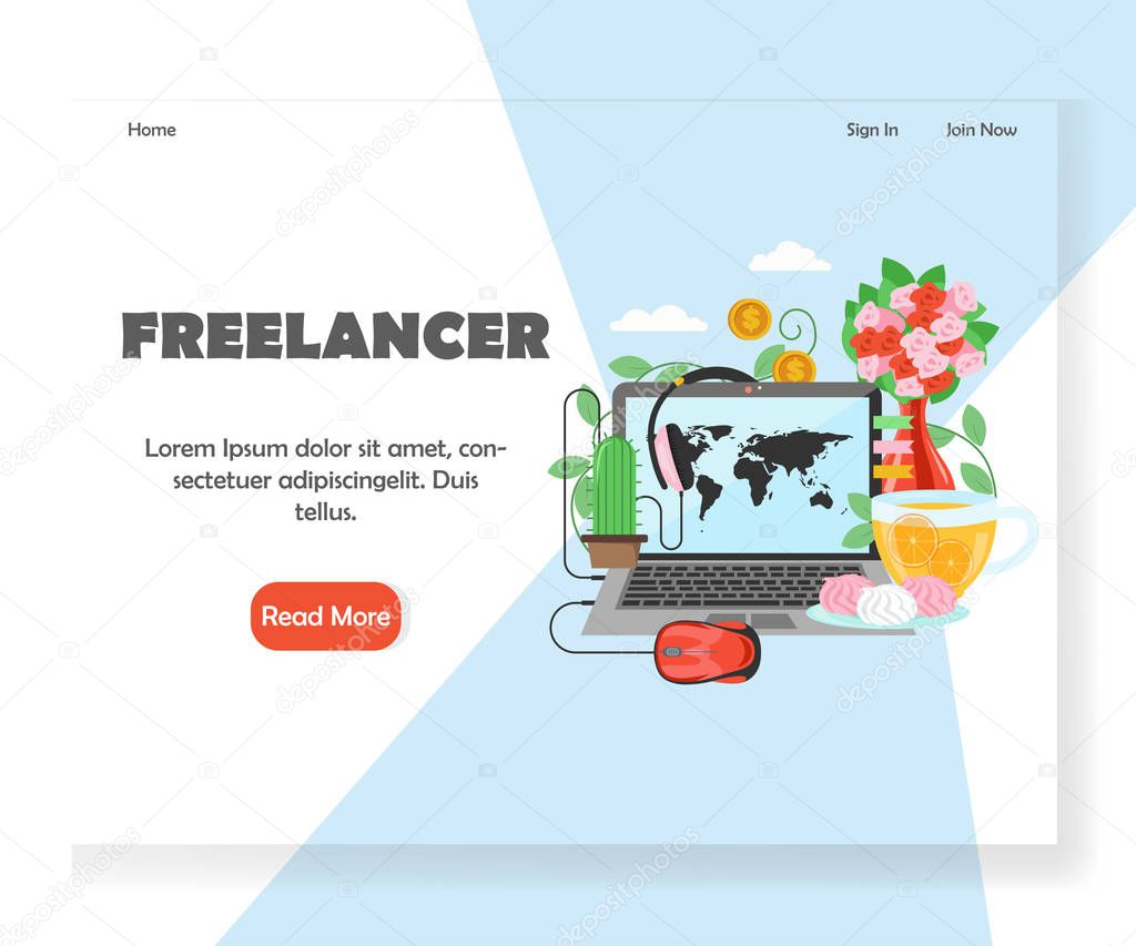Freelancer landing page template. Vector flat style design concept for freelance website, mobile site development. Comfortable stylish home workplace with modern equipment, freelance service concepts.