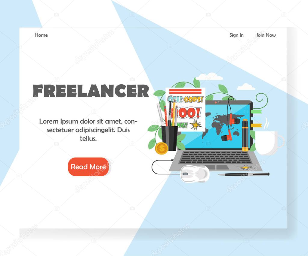 Freelancer landing page template. Vector flat style design concept for freelance website and mobile site development. Laptop, mouse, earphones, cup of tea, stationery. Freelance service concept.