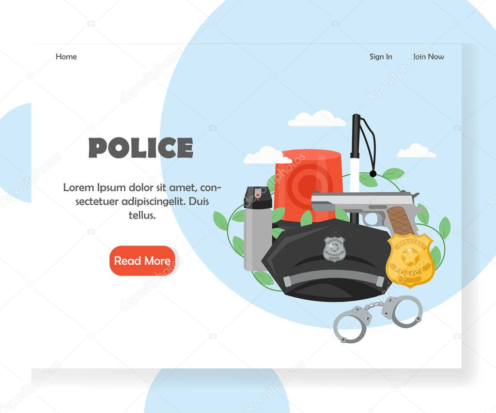 Police landing page template. Vector flat style design concept for force website and mobile site development. Police officer hat, badge, baton, gun, handcuffs, siren, pepper spray.