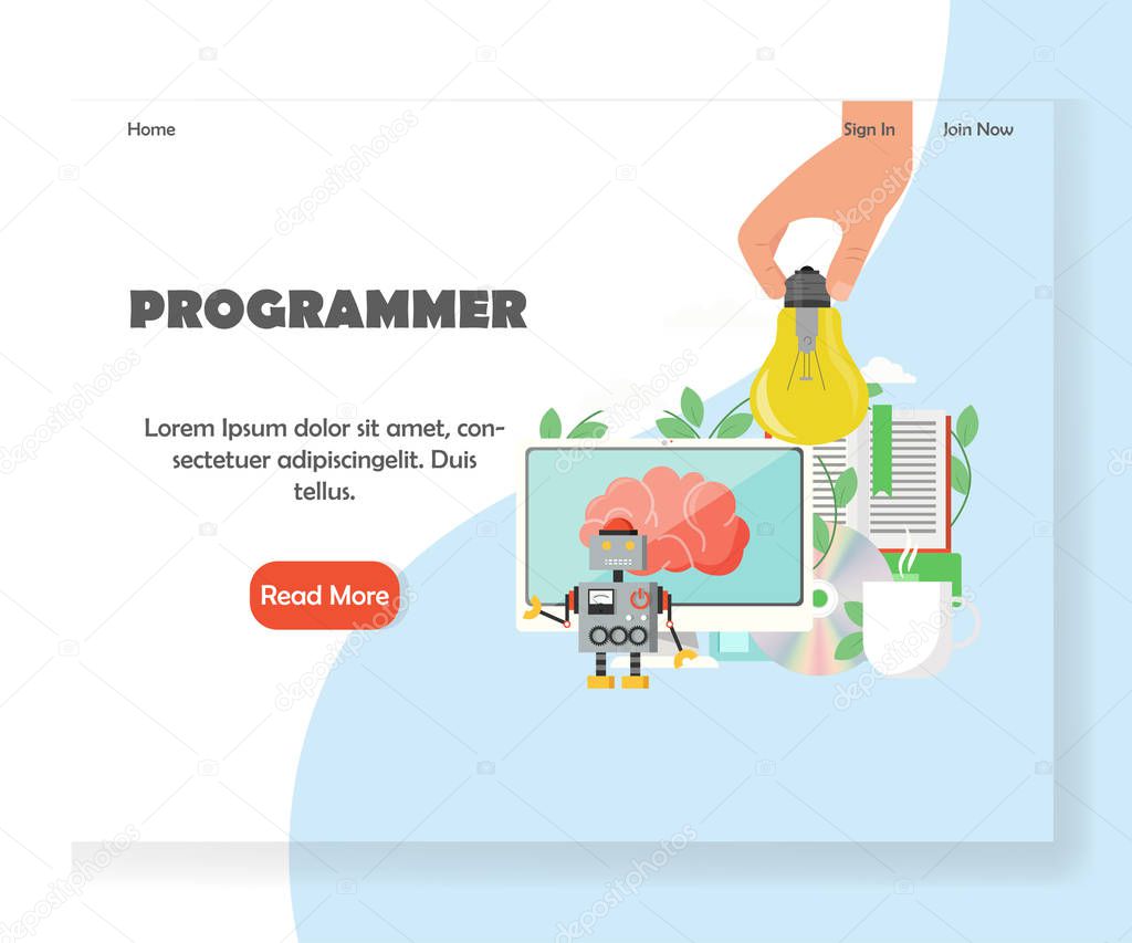 Programmer landing page template. Vector flat style design concept for software developer website and mobile site development. Hand holding lightbulb, desktop computer with human brain, robot etc.