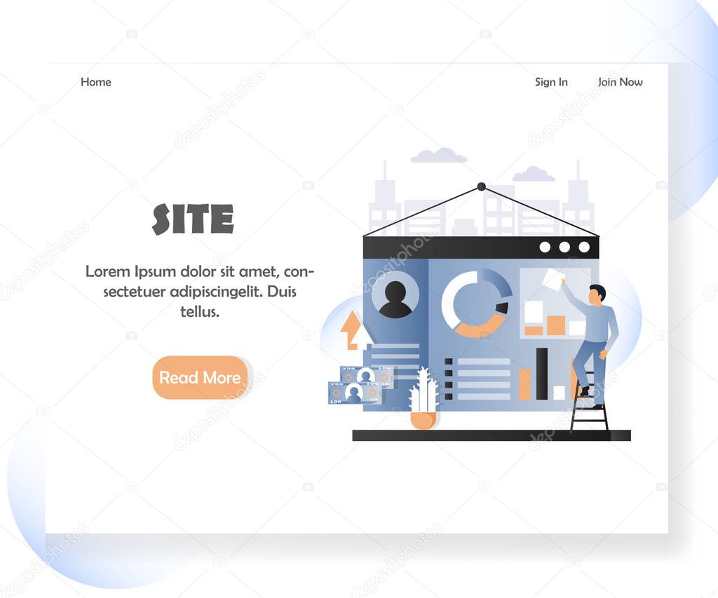Web developer landing page template. Vector illustration of programmer designer building site for internet. Web development services concept for website and mobile site development.