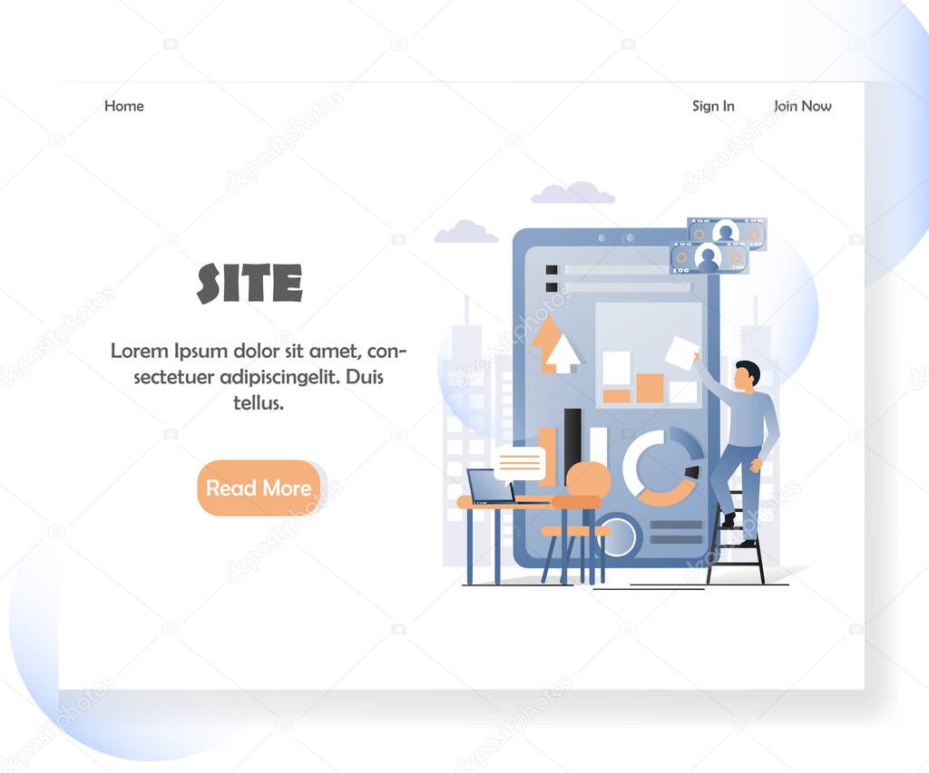 Web developer landing page template. Mobile site creation process vector illustration. Web development services concept for website and mobile site development.