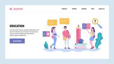 Vektör web sitesi degrade tasarım şablonu. Okul veya üniversitede öğrenciler sohbet. Dijital eğitim. Web sitesi ve mobil geliştirme için açılış sayfası kavramları. Modern düz illüstrasyon.