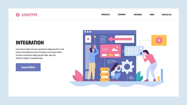 Plantilla de diseño de gradiente de sitio web vectorial. Desarrollo de software y sitio web. Creación de equipos de nueva integración de aplicaciones. Conceptos de landing page para desarrollo web y móvil. Ilustración plana moderna . — Vector de stock