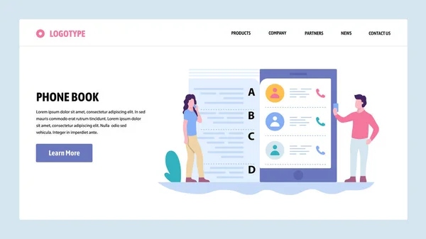 Vektor web site toning mall. Mobiltelefonens kontaktlista. Landning sida begrepp för hemsida och mobil utveckling. Moderna platt illustration. — Stock vektor