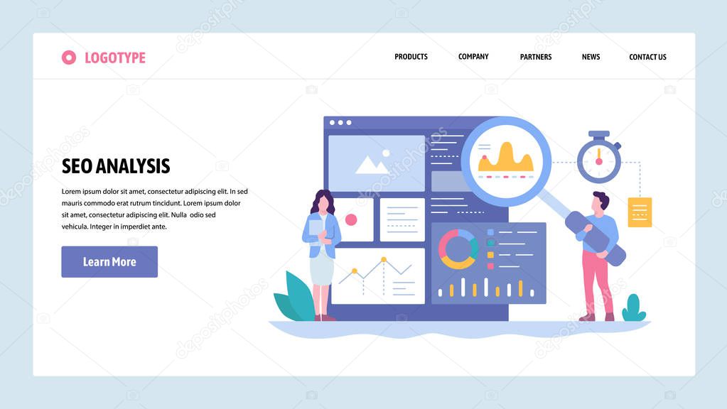 Vector web site gradient design template. SEO analytics and optimization. Online marketing and keyword suggestions. Landing page concepts for website and mobile development. Modern flat illustration.