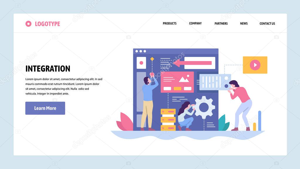 Vector web site gradient design template. Software and website development. Team building new app integration. Landing page concepts for website and mobile development. Modern flat illustration.