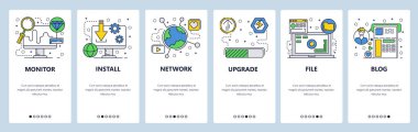 Web sitesi onboarding ekranlar. Bilgisayar yazılım indirme, yükleme ve yükseltme. Menü vektör banner Şablon Web sitesi ve mobil uygulama geliştirme için. Modern düz tasarlamak.