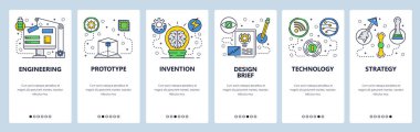 Web sitesi onboarding ekranlar. Mühendislik, inşaat ve yenilik teknoloji. Menü vektör banner Şablon Web sitesi ve mobil uygulama geliştirme için. Modern düz tasarlamak.