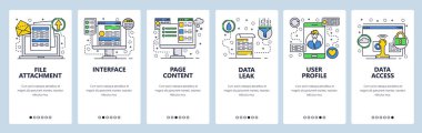 Web sitesi onboarding ekranlar. Veri yönetimi, arayüzü ve kullanıcı profili. Web sitesi woreframe ve içerik. Menü vektör banner Şablon Web sitesi ve mobil uygulama geliştirme için. düz tasarlamak.