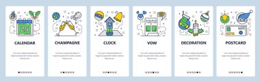 Web sitesi onboarding ekranlar. Tatil kutlaması ve dekorasyon. Menü vektör banner Şablon Web sitesi ve mobil uygulama geliştirme için. Modern düz tasarlamak.