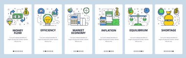Web sitesi onboarding ekranlar. Ekonomi ve küresel finans piyasaları sistemi. Para akışı, enflasyon, petrol fiyatı. Menü vektör banner Şablon Web sitesi ve mobil uygulama geliştirme için. düz tasarlamak.