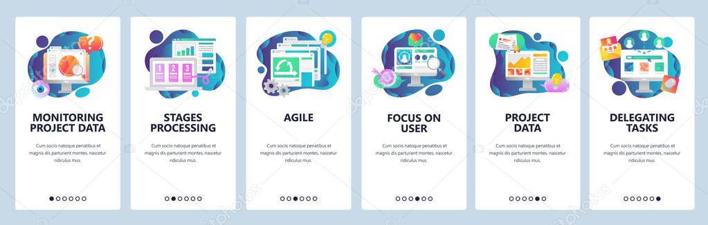 Web site onboarding screens. Business project development, monitoring and management. Agile and scrum process. Menu vector banner template for website and mobile app development. flat illustration.
