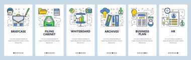 Web sitesi onboarding ekranlar. İş yönetimi ve ofis iç malzemeleri. Menü vektör banner Şablon Web sitesi ve mobil uygulama geliştirme için. Modern düz tasarlamak.