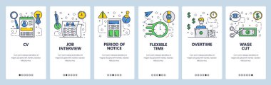 Web sitesi onboarding ekranlar. İş görüşmesi ve Cv. çalışma saat ve fazla mesai maaş. Menü vektör banner Şablon Web sitesi ve mobil uygulama geliştirme için. Modern düz tasarlamak.