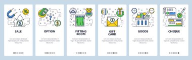 Web sitesi onboarding ekranlar. Alışveriş, satış ve bakkal. Para ödeme ve bankacılık. Menü vektör banner Şablon Web sitesi ve mobil uygulama geliştirme için. Modern düz tasarlamak.