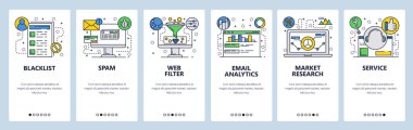 Web sitesi onboarding ekranlar. Web Hizmetleri, spam, e-posta analyrics ve filtreleme. Pazar araştırması. Menü vektör banner Şablon Web sitesi ve mobil uygulama geliştirme için. Modern düz tasarlamak.