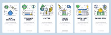 Web sitesi onboarding ekranlar. Kredi kartı ve borç sorunları. Tüketici Kredileri ve bankacılık sistemi. Menü vektör banner Şablon Web sitesi ve mobil uygulama geliştirme için. Modern düz tasarlamak.