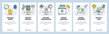 Web sitesi onboarding ekranlar. Internet Hizmetleri, telif hakkı, medya içeriği ve fotoğraf paylaşımı. Menü vektör banner Şablon Web sitesi ve mobil uygulama geliştirme için. Modern düz tasarlamak.