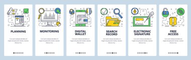 Web sitesi onboarding ekranlar. Online Hizmetleri, elektronik imza, dijital cüzdan... Menü vektör banner Şablon Web sitesi ve mobil uygulama geliştirme için. Modern düz tasarlamak.