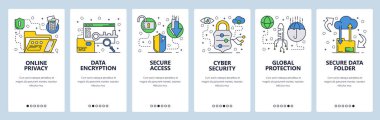 Web sitesi onboarding ekranlar. Siber Güvenlik, bulut depolama için güvenli veri aktarımı. Veri şifreleme. Menü vektör banner Şablon Web sitesi ve mobil uygulama geliştirme için. Modern düz tasarlamak