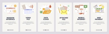 Web sitesi onboarding ekranlar. Veri Eşitleme, kitle iletişim araçları eğe ve mobil internet bulut. Menü vektör banner Şablon Web sitesi ve mobil uygulama geliştirme için. Modern düz tasarlamak.