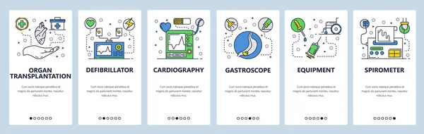 Telas de onboarding do site. Equipamentos médicos e ferramentas hospitalares. Ícones da medicina e da saúde. Modelo de banner vetorial de menu para site e desenvolvimento de aplicativos móveis. Design moderno ilustração plana . —  Vetores de Stock