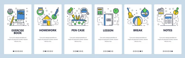 Telas de onboarding do site. Acessórios de educação escolar. TPC e caderno de exercícios. Modelo de banner vetorial de menu para site e desenvolvimento de aplicativos móveis. Design moderno ilustração plana . —  Vetores de Stock