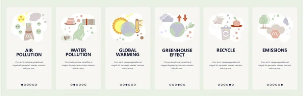 Web site onboarding screens. Air pollution and global warming problems. Ecology, recycle, industry gas emissions. Menu vector banner template for website and mobile app development. flat illustration. — Stock Vector