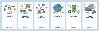 Web sitesi onboarding ekranlar. Hızlı sevkiyat ve gıda dır. Menü vektör banner Şablon Web sitesi ve mobil uygulama geliştirme için. Modern düz tasarlamak.