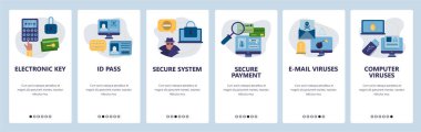 Web sitesi onboarding ekranlar. Siber Güvenlik, güvenli erişim, kimlik kartı ve online ödeme. Menü vektör banner Şablon Web sitesi ve mobil uygulama geliştirme için. Modern düz tasarlamak.