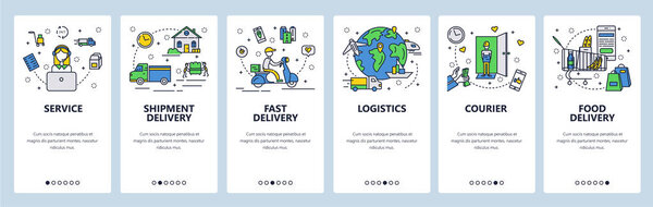 Web site onboarding screens. Fast shipping and food delivery. Menu vector banner template for website and mobile app development. Modern design flat illustration.