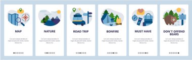 Web sitesi onboarding ekranlar. Açık seyahat, doğa yürüyüşü ve kamp. Menü vektör banner Şablon Web sitesi ve mobil uygulama geliştirme için. Modern düz tasarlamak.
