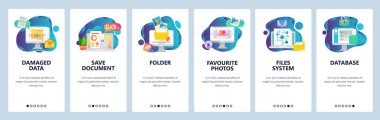 Web sitesi onboarding ekranlar. Bilgisayar dosyaları ve veri sistemi. Menü vektör banner Şablon Web sitesi ve mobil uygulama geliştirme için. Modern düz tasarlamak.